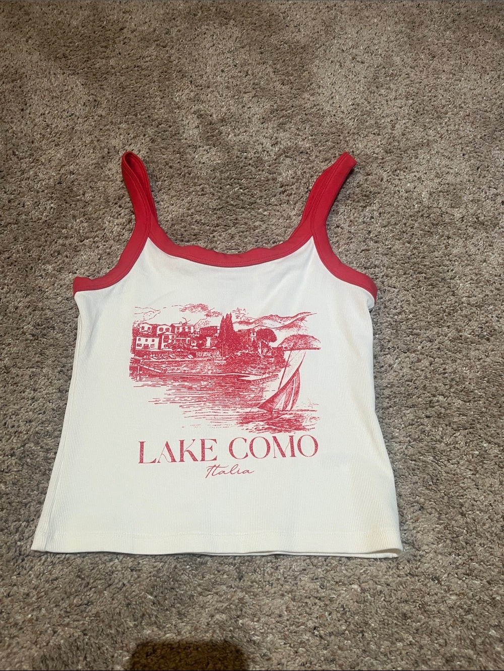 Arizona Jean Company White Tank Top with Red Trim and Lake Como Graphic